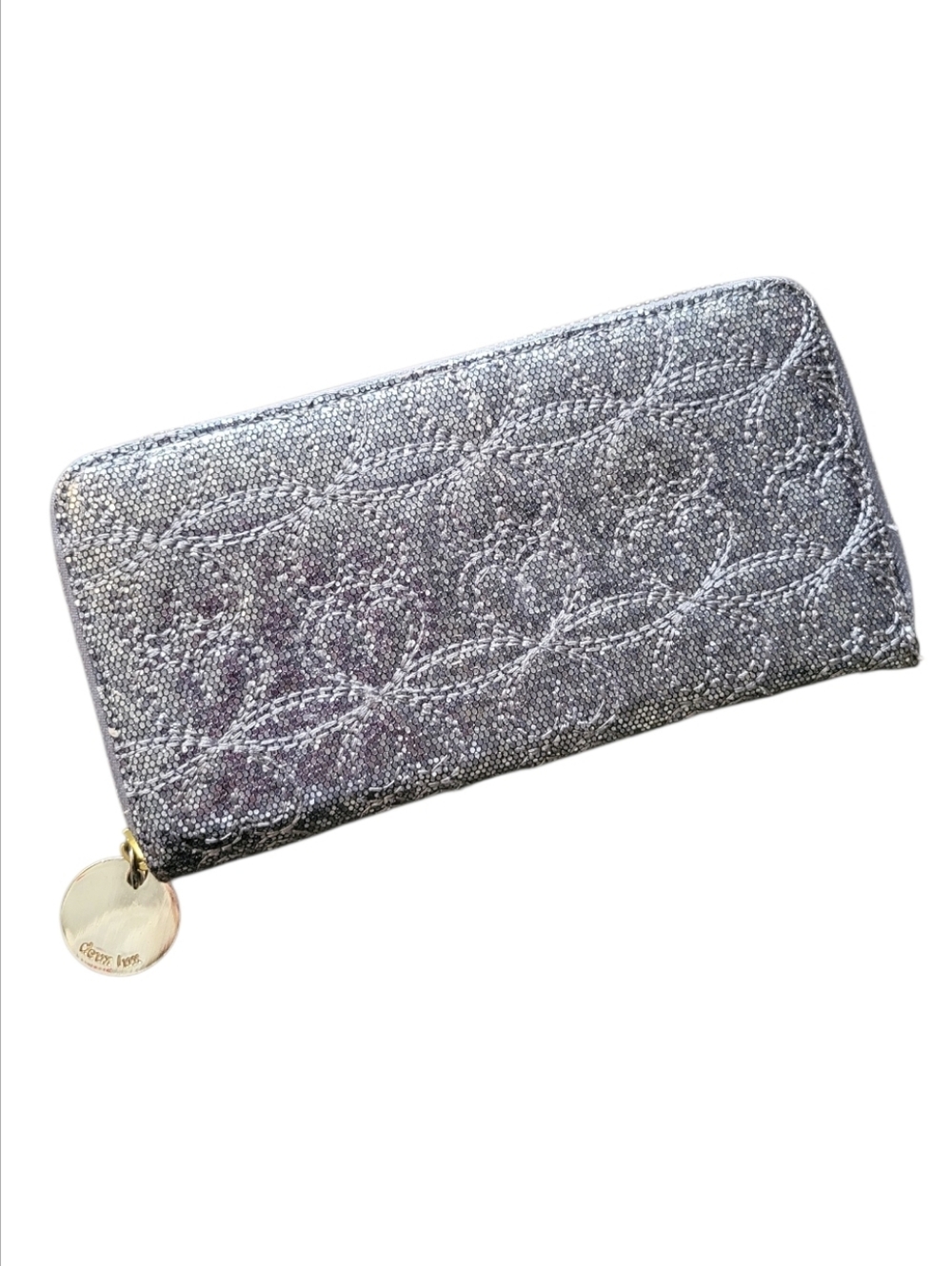 SALE Deux Lux Silver Quilted Zip Around Large Wallet Glitter Gold Lining Sparkly